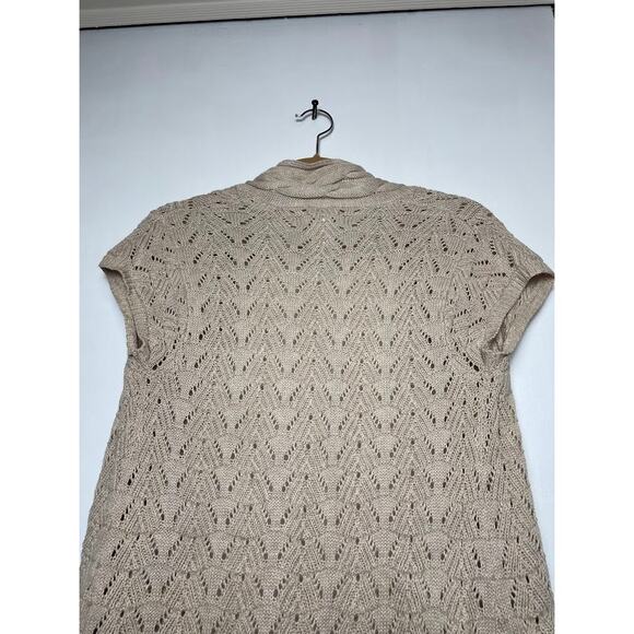 Beige Cardigan Womens Small Short Sleeve Sweater Tan Knit Open Top Boho Shirt - Picture 8 of 11